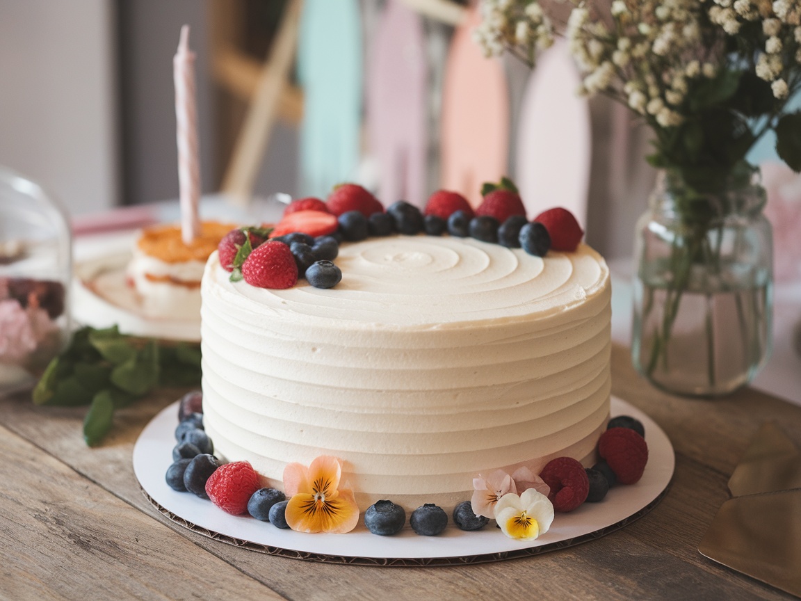 Elegant minimalist birthday cake with buttercream frosting and fresh berries on a wooden table.